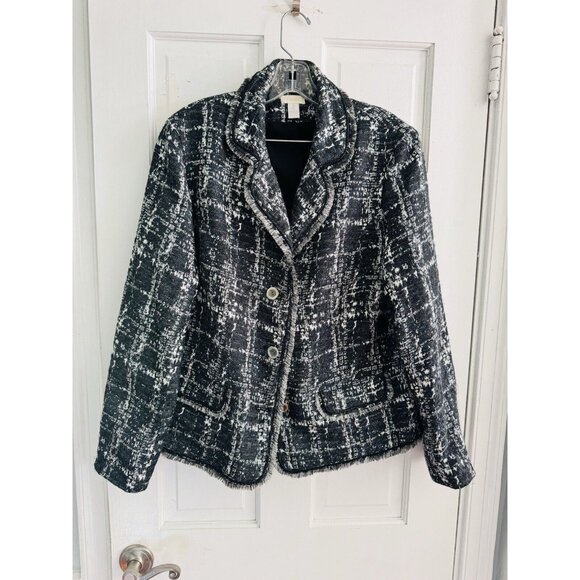 Chico's Jackets & Blazers - Chicos Sz 2 (L) Women’s Jacket Tweed Boucle Fringe Blazer Black White Career